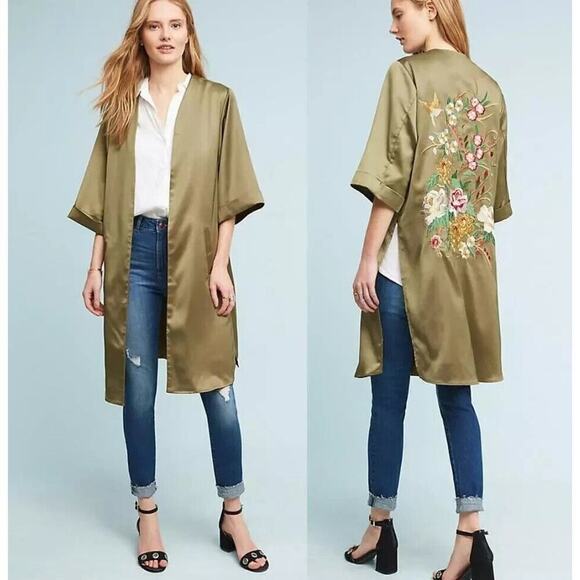 Anthropologie Floreat Kimono One Size Satin Floral Embroidered Open Front Green - Picture 1 of 15